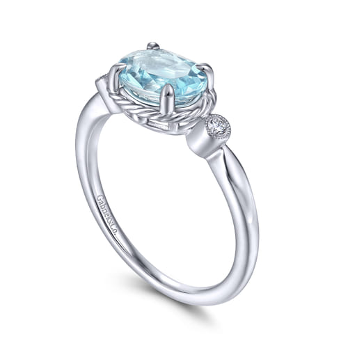 14K White Gold Oval Aquamarine and Diamond Three Stone Promise Ring
