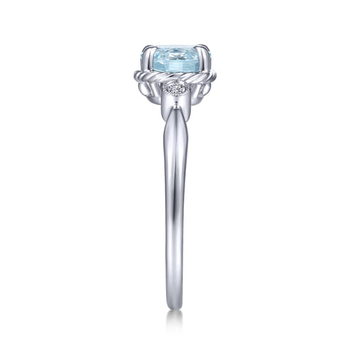 14K White Gold Oval Aquamarine and Diamond Three Stone Promise Ring
