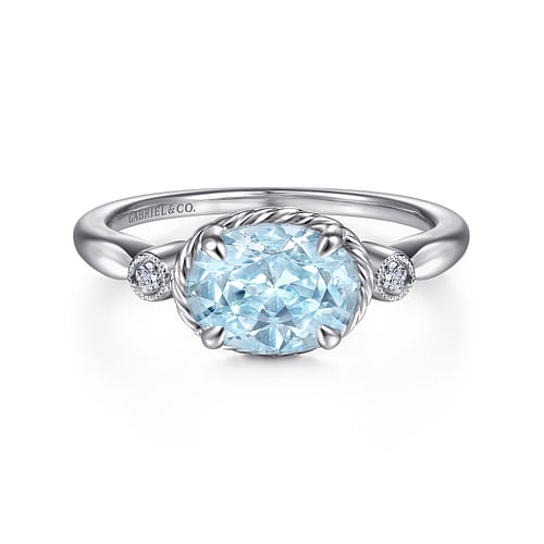 14K White Gold Oval Aquamarine and Diamond Three Stone Ring