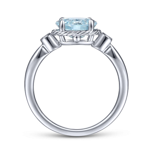 14K White Gold Oval Aquamarine and Diamond Three Stone Ring