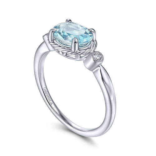 14K White Gold Oval Aquamarine and Diamond Three Stone Ring