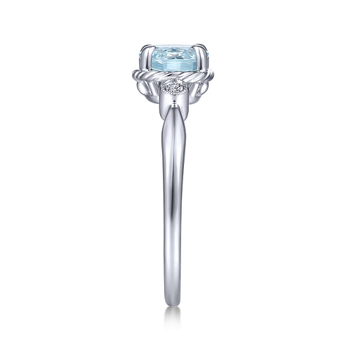 14K White Gold Oval Aquamarine and Diamond Three Stone Ring