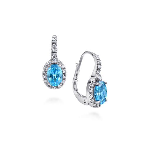 14K White Gold Oval Blue Topaz and Diamond Halo Drop Earrings