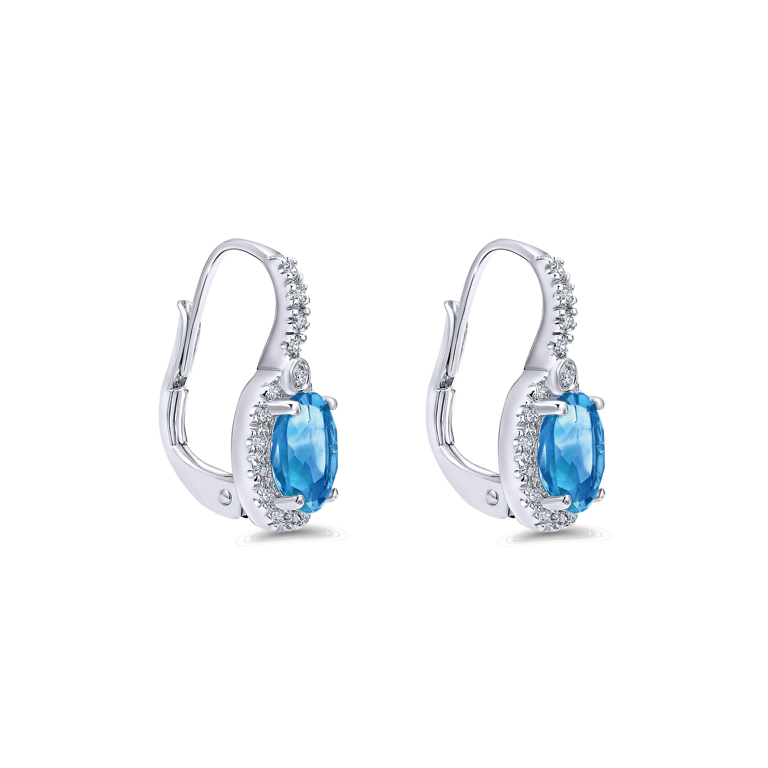 14K White Gold Oval Blue Topaz and Diamond Halo Drop Earrings