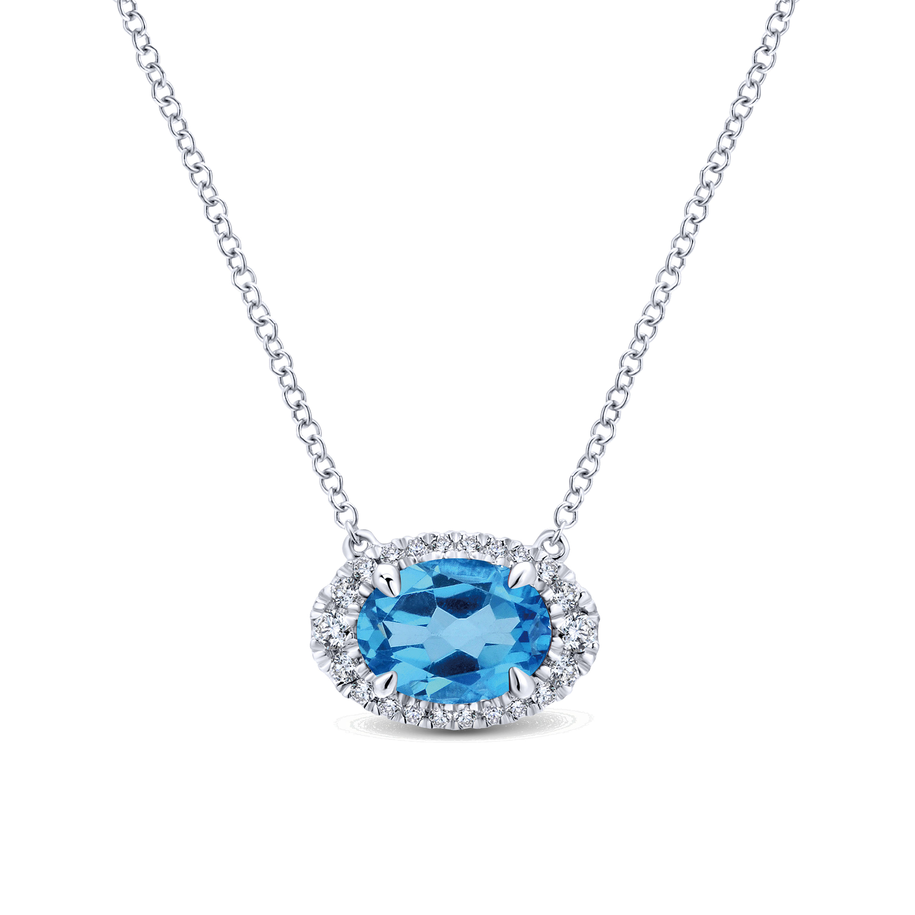 14K White Gold Oval Blue Topaz and Diamond Halo Pendant Necklace