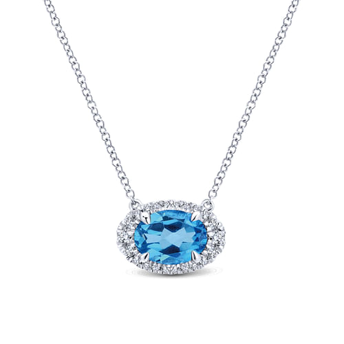 14K White Gold Oval Blue Topaz and Diamond Halo Pendant Necklace