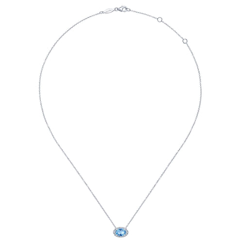 14K White Gold Oval Blue Topaz and Diamond Halo Pendant Necklace