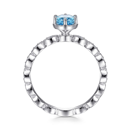 14K White Gold Oval Blue Topaz and Diamond Shank Ring