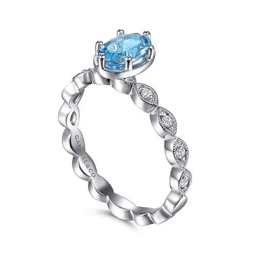 14K White Gold Oval Blue Topaz and Diamond Shank Ring