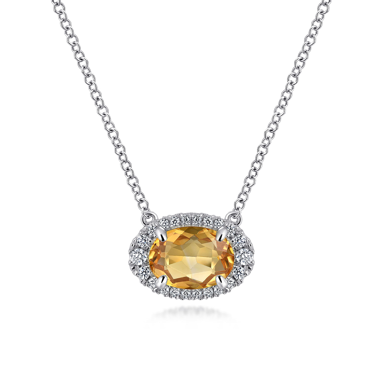 14K White Gold Oval Citrine and Diamond Halo Pendant Necklace
