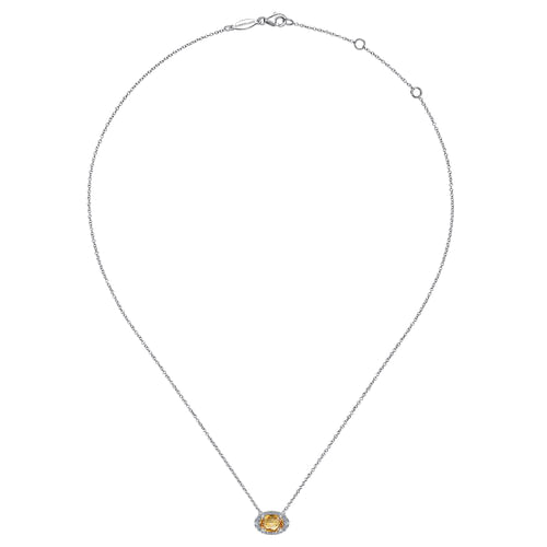 14K White Gold Oval Citrine and Diamond Halo Pendant Necklace
