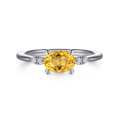 14K White Gold Oval Citrine and Diamond Promise Ring