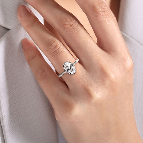 14K White Gold Oval Cut Hidden Halo Diamond Engagement Ring