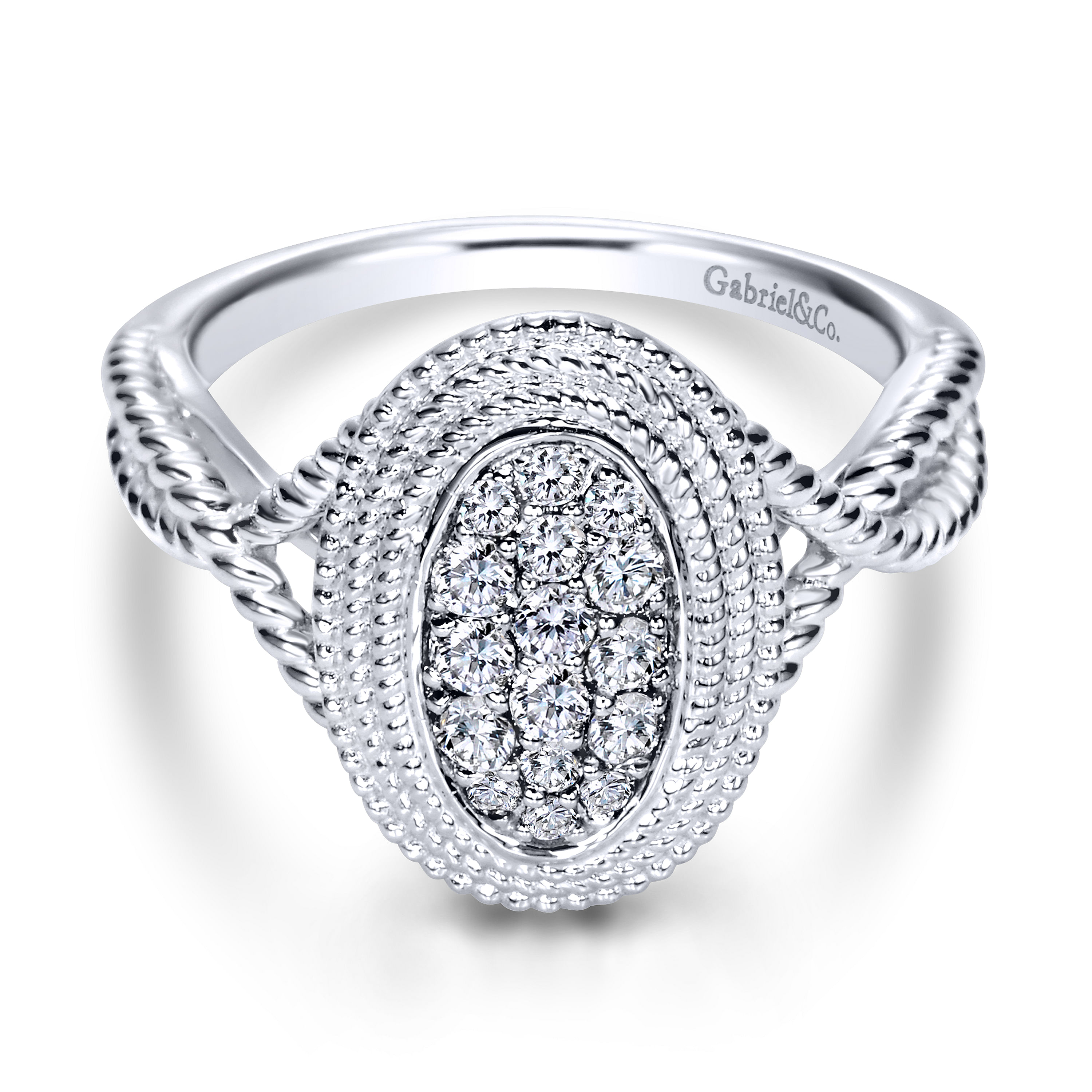 14K White Gold Oval Diamond Pavé Ring with Twisted Rope Halo and Shank