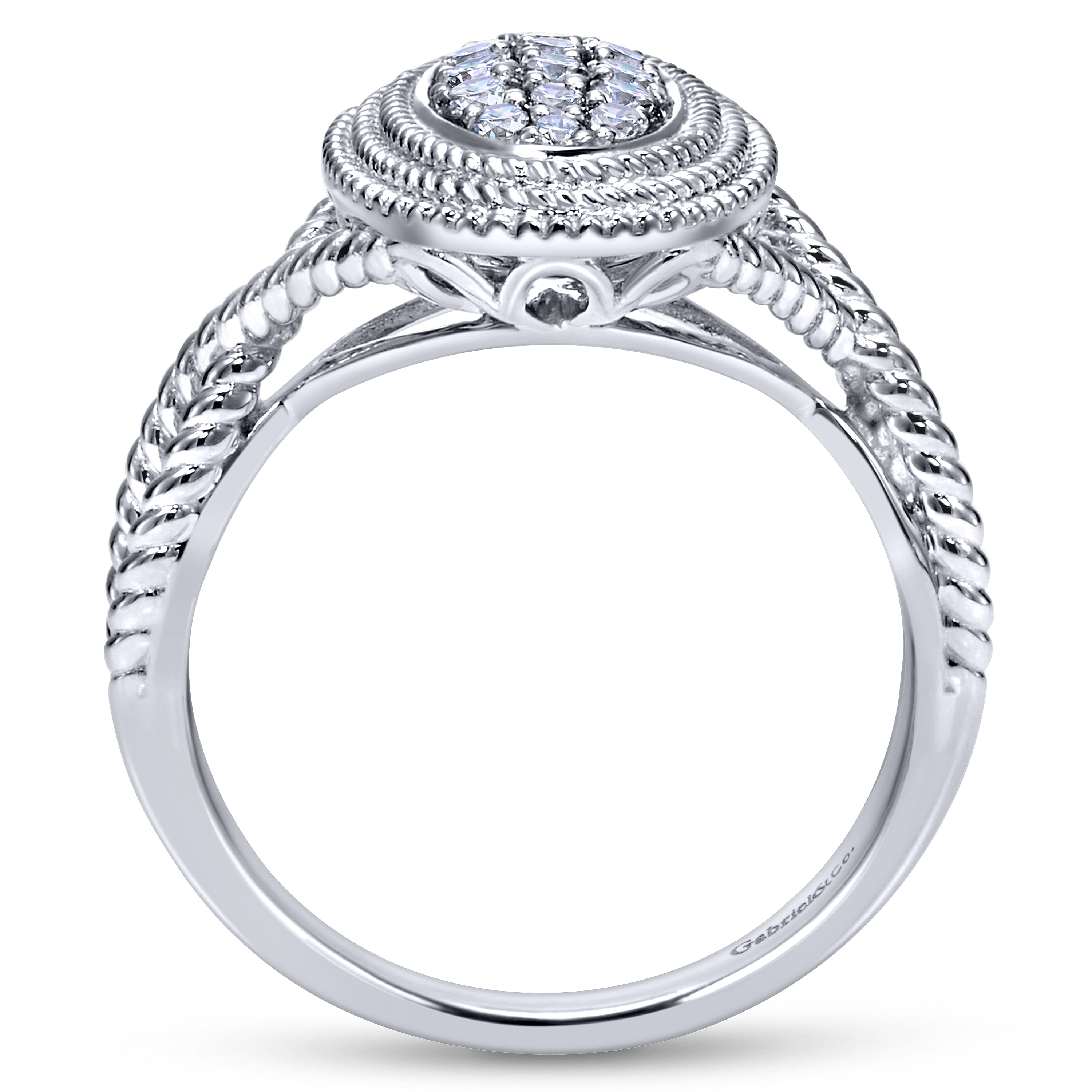 14K White Gold Oval Diamond Pavé Ring with Twisted Rope Halo and Shank