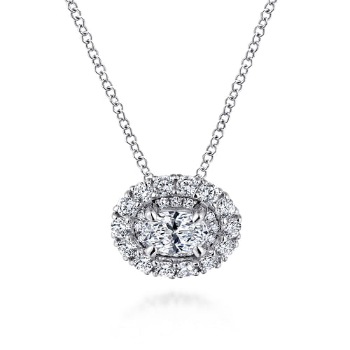 14K White Gold Oval Diamond Pendant Necklace