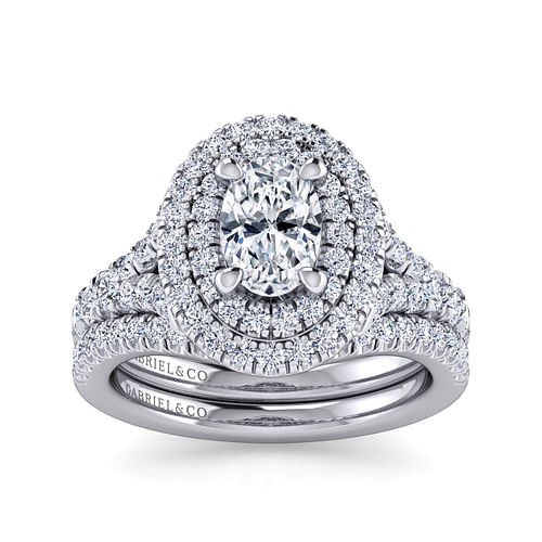 14K White Gold Oval Double Halo Diamond Engagement Ring