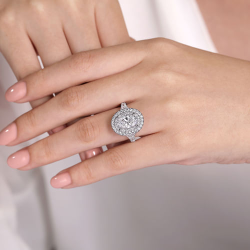 14K White Gold Oval Double Halo Diamond Engagement Ring