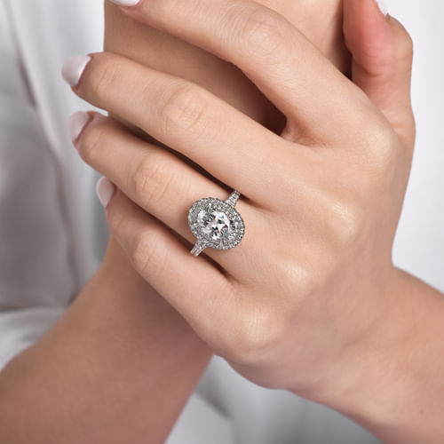 14K White Gold Oval Double Halo Diamond Engagement Ring
