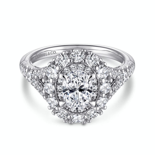 14K White Gold Oval Double Halo Diamond Engagement Ring