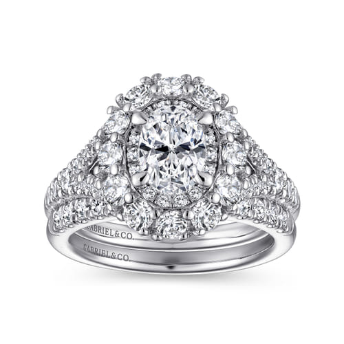14K White Gold Oval Double Halo Diamond Engagement Ring