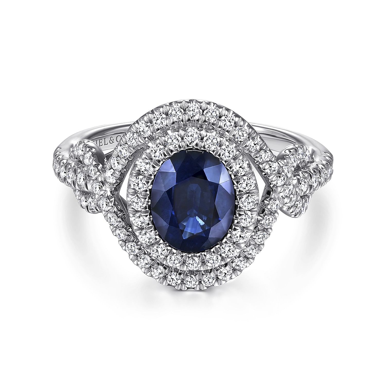 14K White Gold Oval Double Halo Sapphire and Diamond Engagement Ring