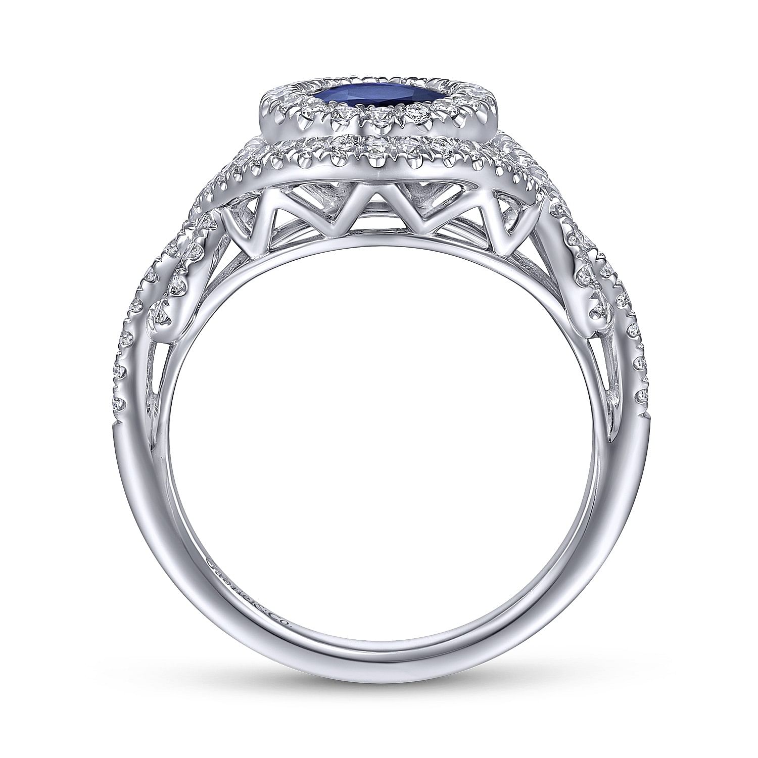 14K White Gold Oval Double Halo Sapphire and Diamond Engagement Ring