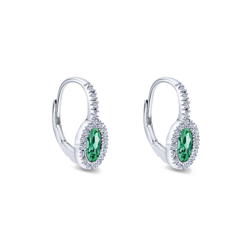 14K White Gold Oval Emerald and Diamond Halo Leverback Earrings