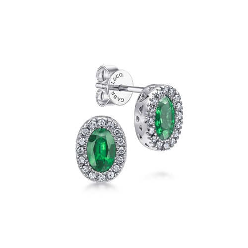 14K White Gold Oval Emerald and Diamond Halo Stud Earrings