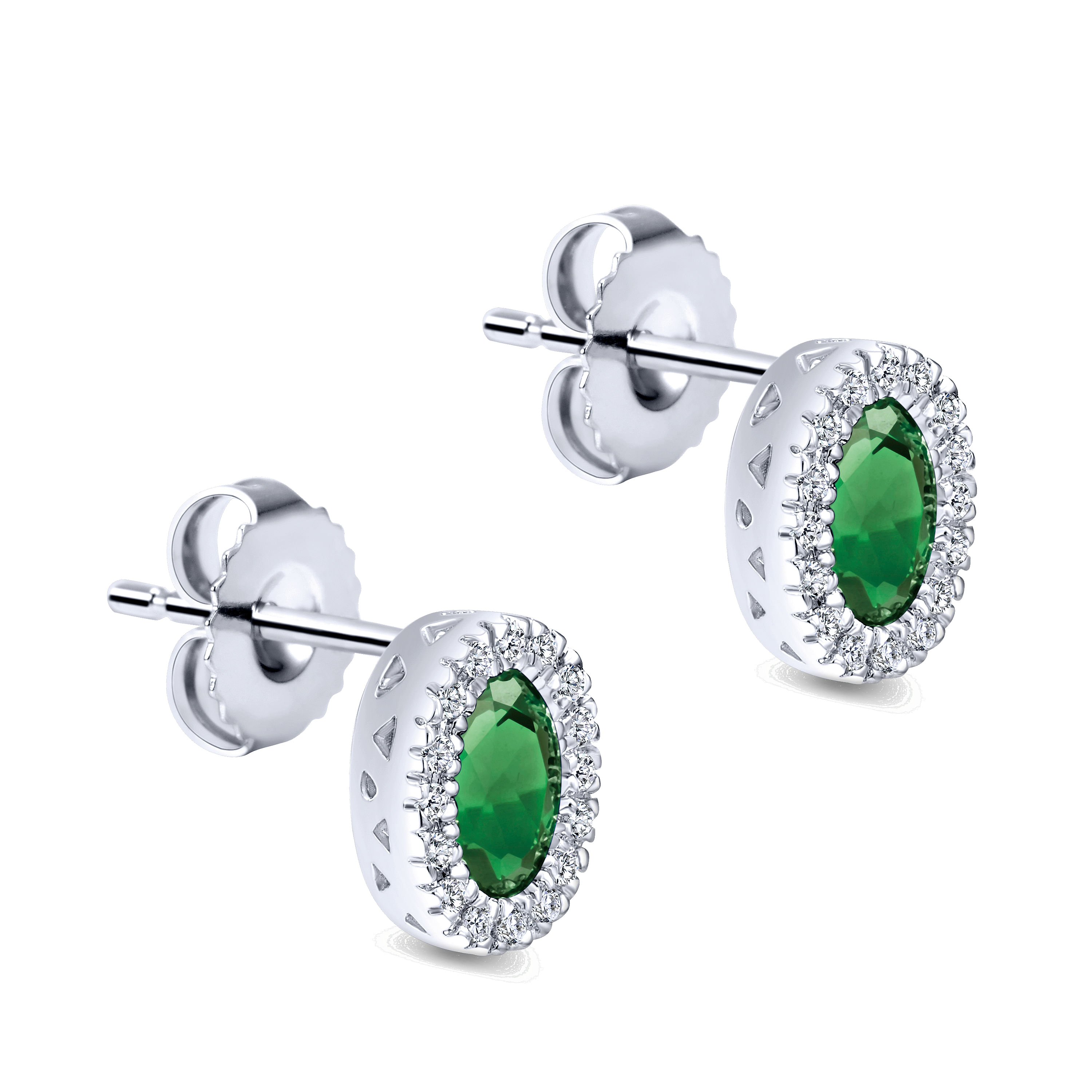 14K White Gold Oval Emerald and Diamond Halo Stud Earrings