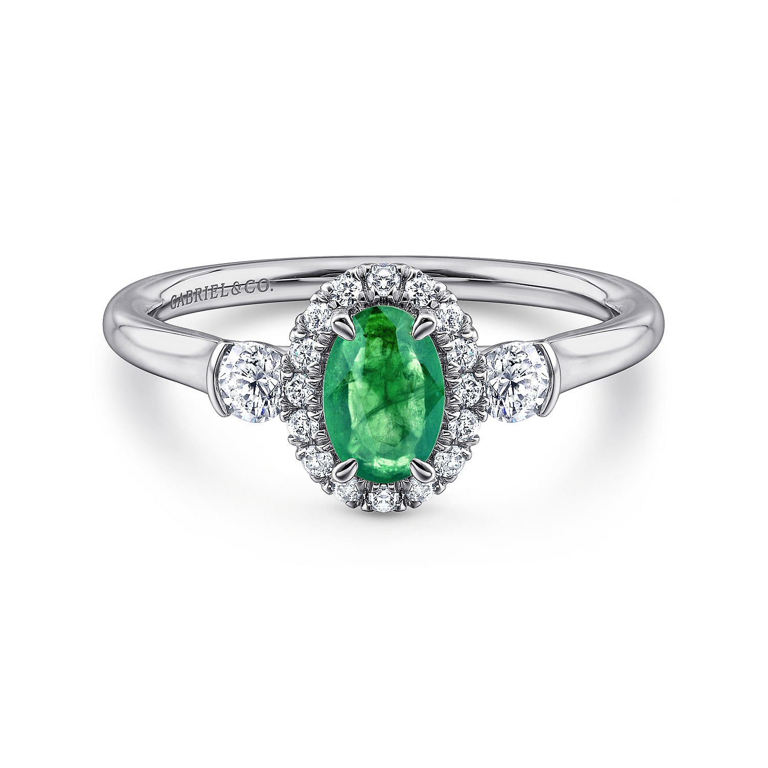 Gabriel - 14K White Gold Oval Emerald and Diamond Halo Three Stone Ring