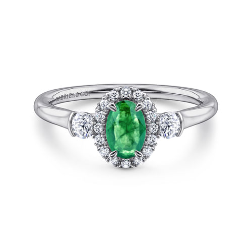14K White Gold Oval Emerald and Diamond Halo Three Stone Ring