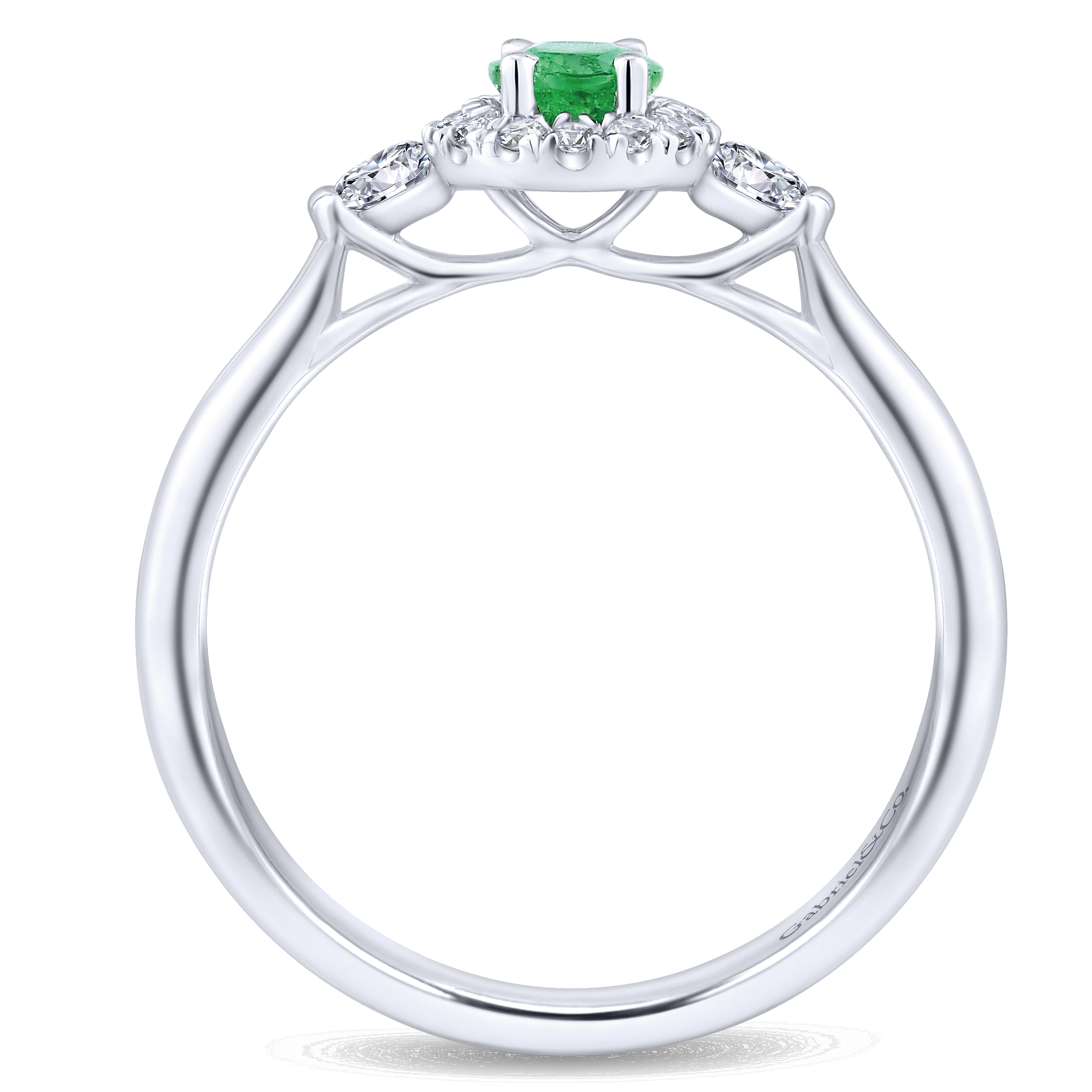 14K White Gold Oval Emerald and Diamond Halo Three Stone Ring