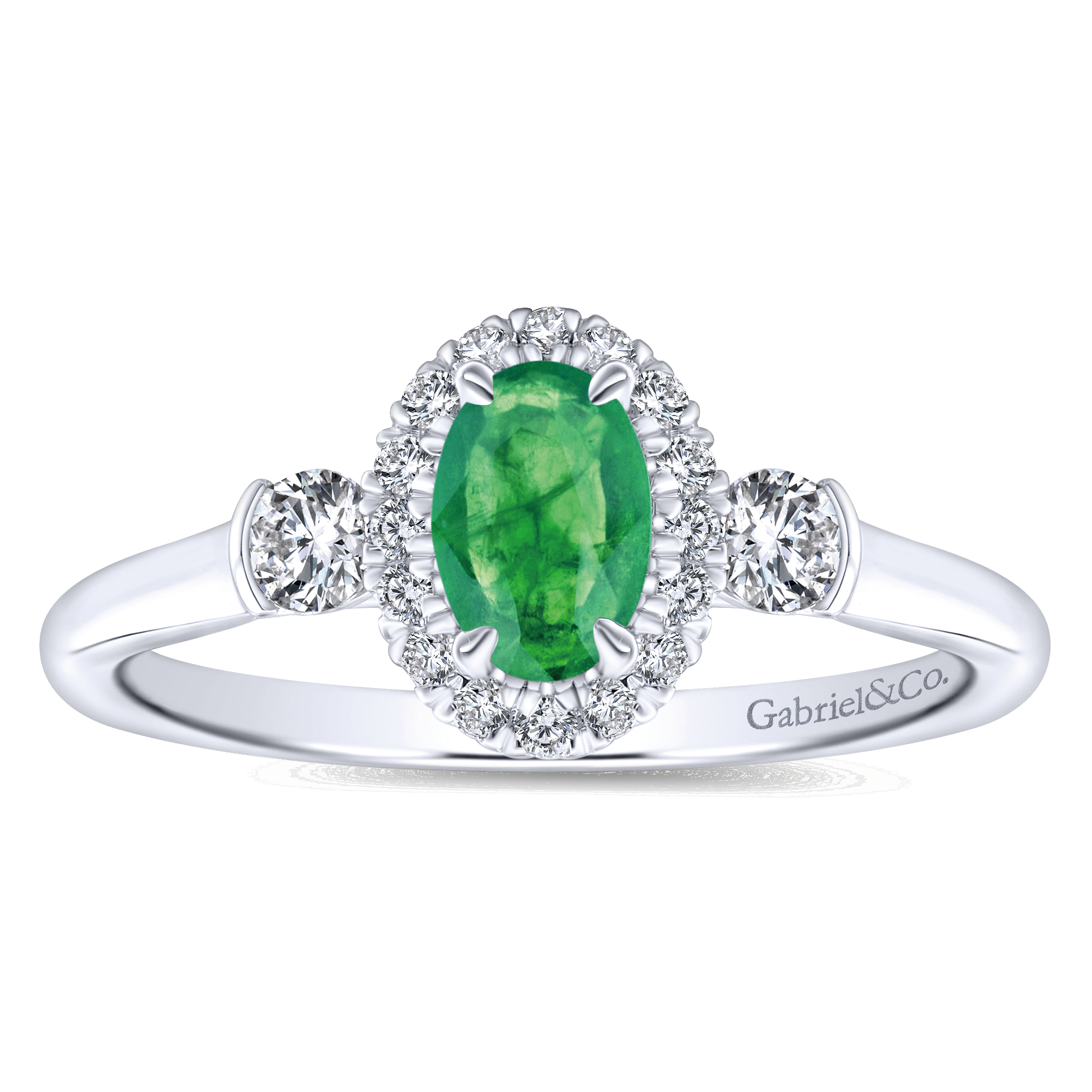 14K White Gold Oval Emerald and Diamond Halo Three Stone Ring