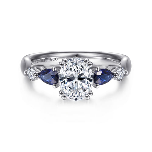 14K White Gold Oval Five Stone Sapphire and Diamond Engagement Ring