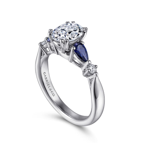 14K White Gold Oval Five Stone Sapphire and Diamond Engagement Ring