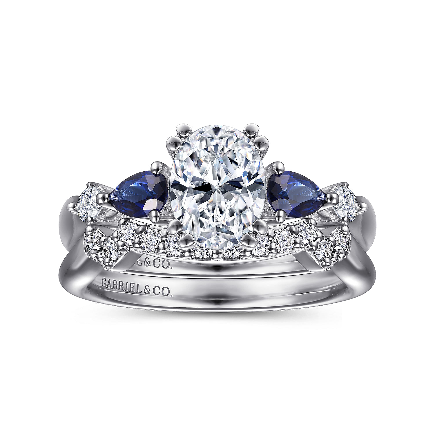 14K White Gold Oval Five Stone Sapphire and Diamond Engagement Ring
