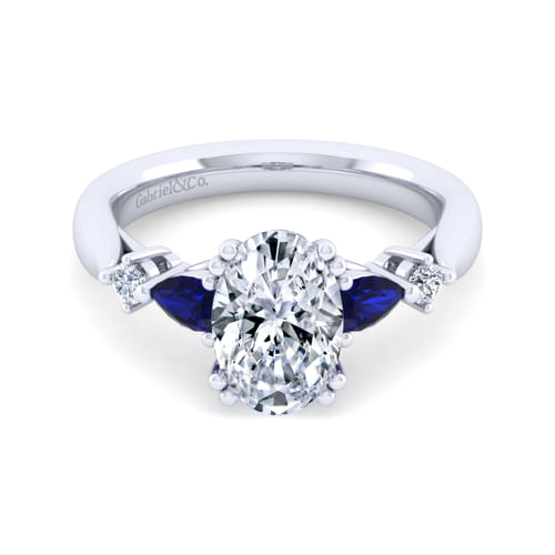 14K White Gold Oval Five Stone Sapphire and Diamond Engagement Ring