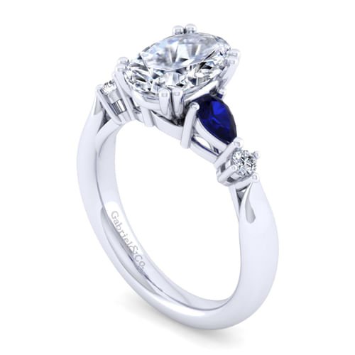 14K White Gold Oval Five Stone Sapphire and Diamond Engagement Ring
