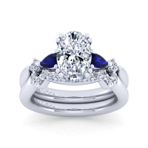 14K White Gold Oval Five Stone Sapphire and Diamond Engagement Ring
