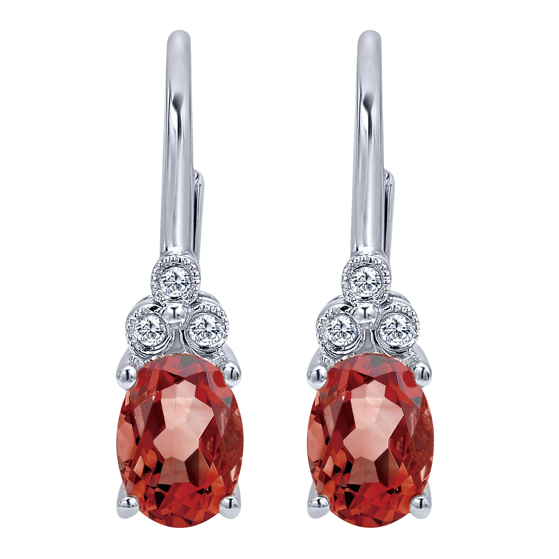 14K White Gold Oval Garnet and Diamond Accent Leverback Earrings