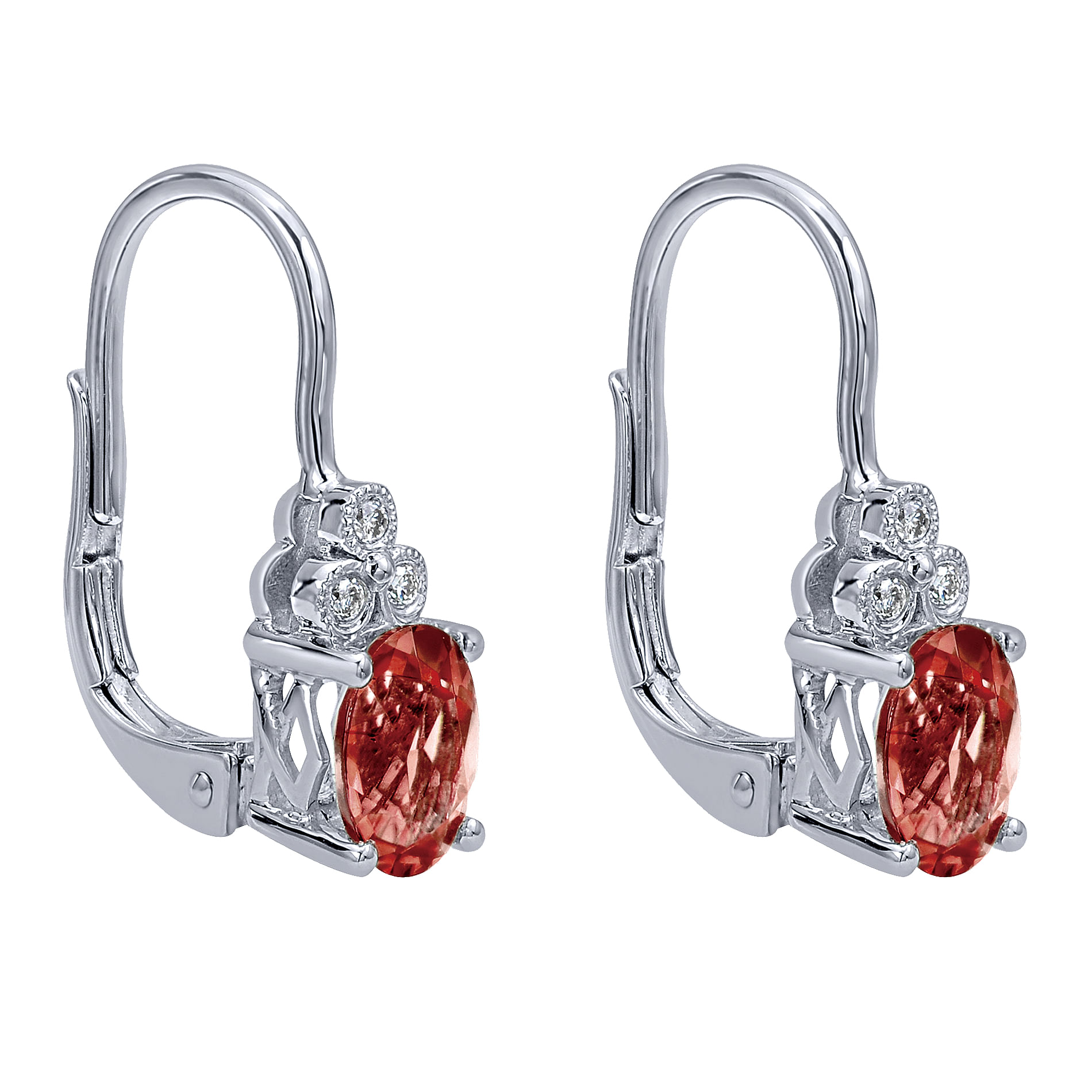 14K White Gold Oval Garnet and Diamond Accent Leverback Earrings