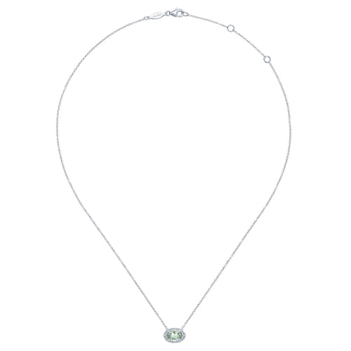 14K White Gold Oval Green Amethyst and Diamond Halo Pendant Necklace