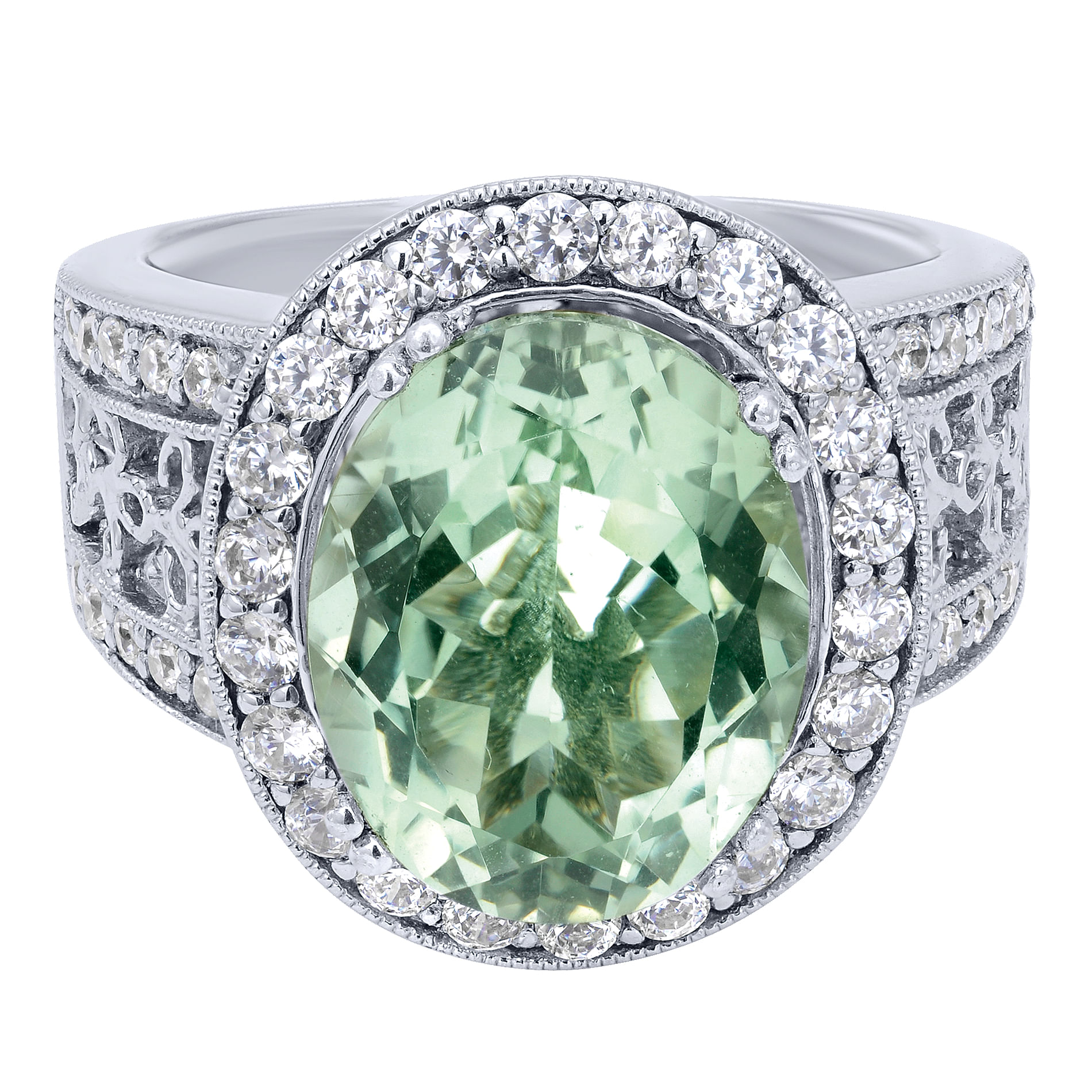 14K White Gold Oval Green Amethyst and Halo Diamond Wide Band Ring