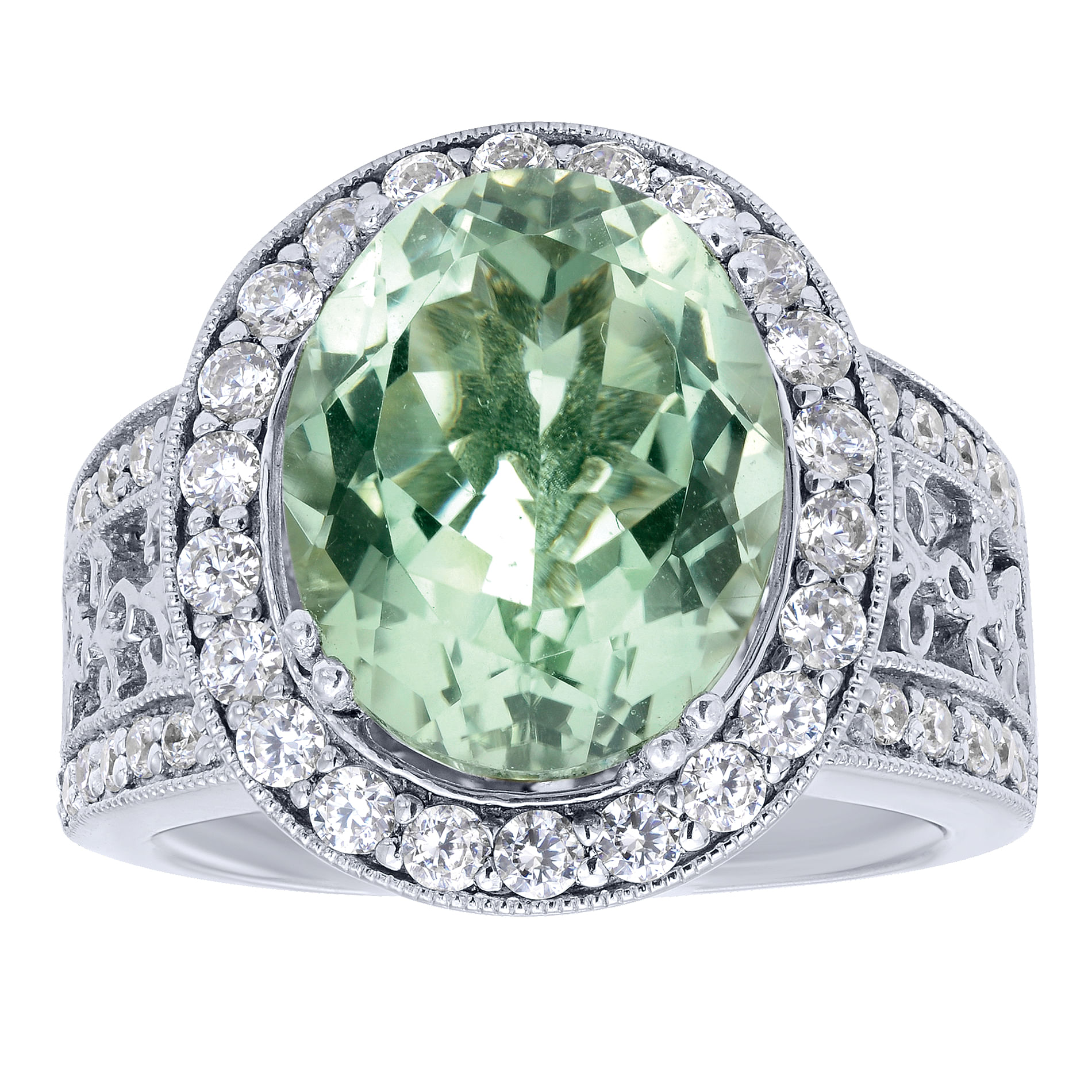 14K White Gold Oval Green Amethyst and Halo Diamond Wide Band Ring