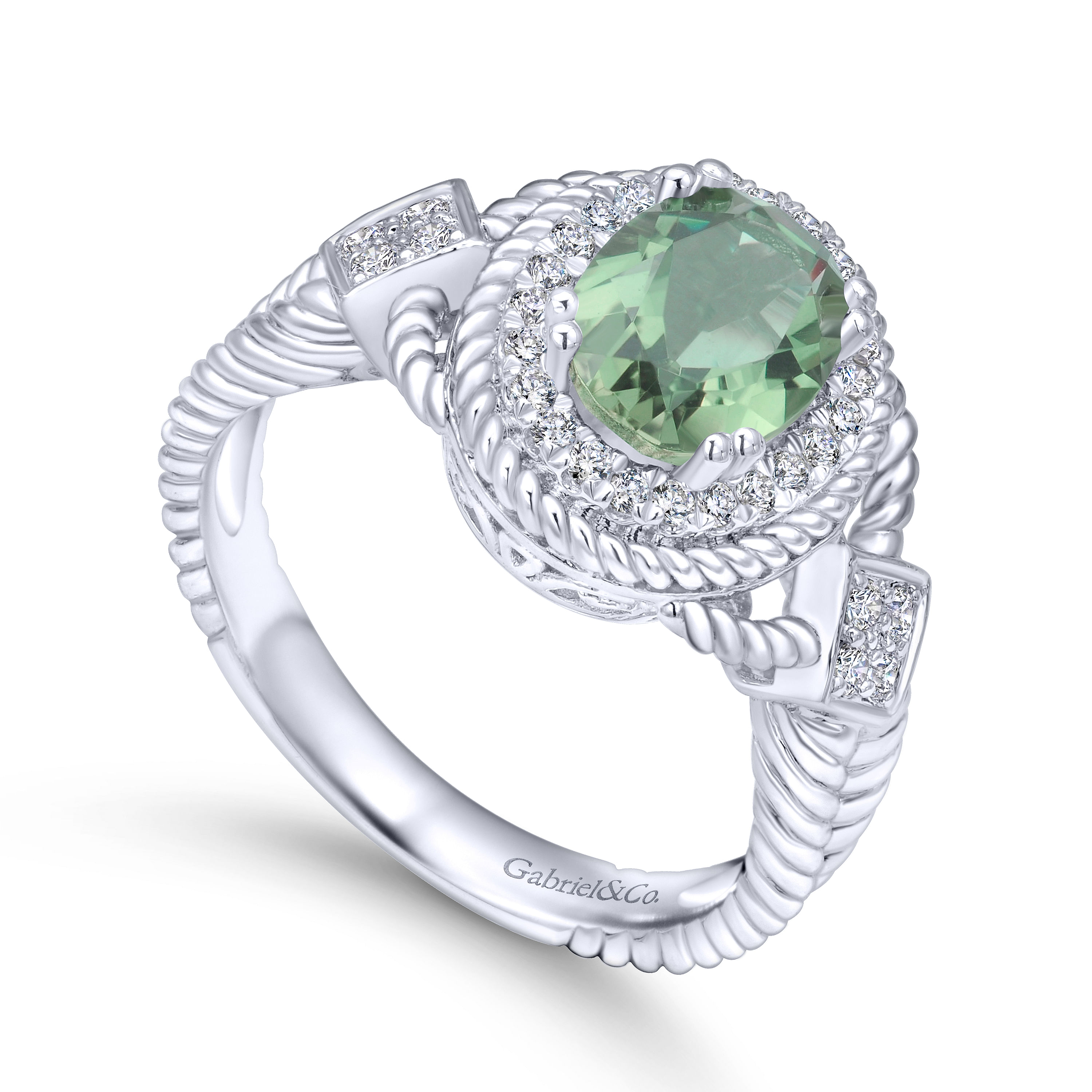 14K White Gold Oval Green Amethyst with Diamond Halo and Twisted Rope Accents