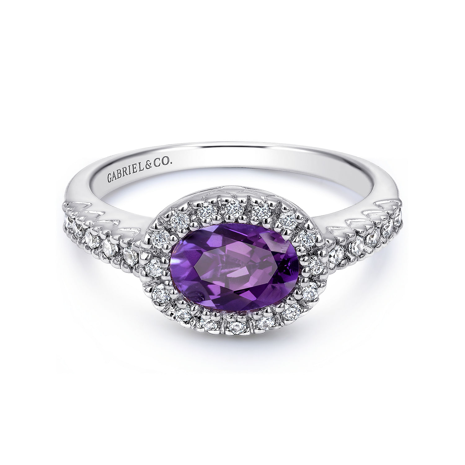 14K White Gold Oval Halo Amethyst and Diamond Ring