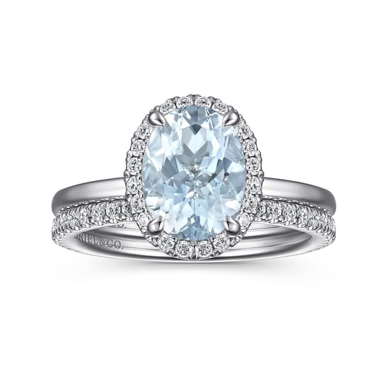 14K White Gold Oval Halo Aquamarine and Diamond Engagement Ring angle 4