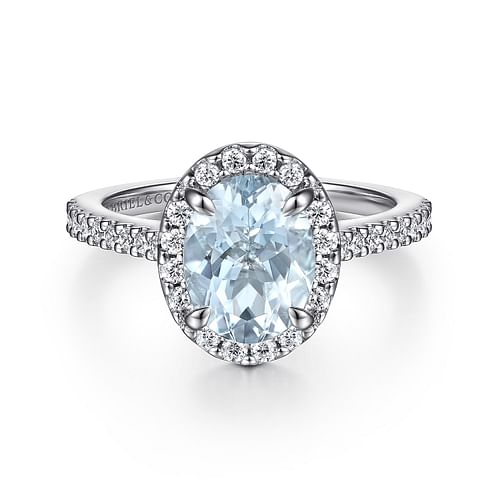 14K White Gold Oval Halo Aquamarine and Diamond Engagement Ring