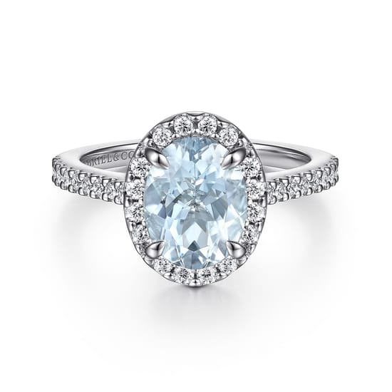 14K White Gold Oval Halo Aquamarine and Diamond Engagement Ring